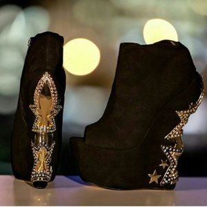 ZiGi 6 BLACK SUEDE LEATHER GOLD STARS RHINESTONE ANKLE BOOT PLATFORM BOOTIE Wome